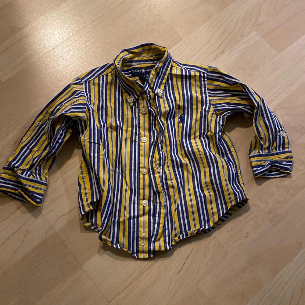 Ralph Lauren yellow, navy and white stripe long sleeve button down, 9 months